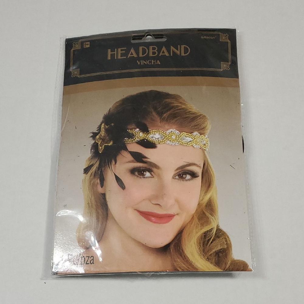 Flapper Girl Accessory Gold and Black Feather Hairband